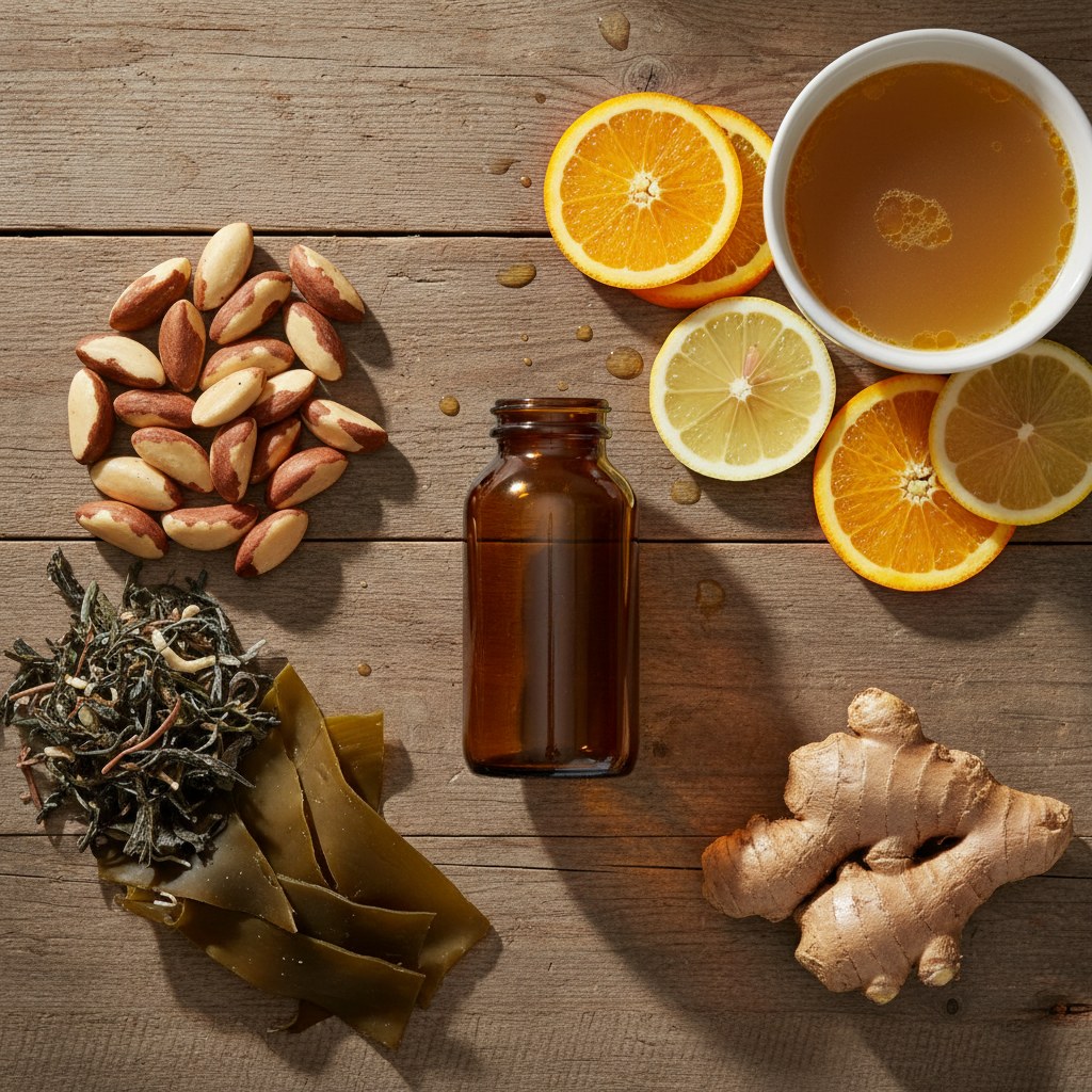 Tablet bottle nestled among Brazil nuts, sea vegetables, and ginger root on a rustic table